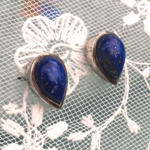 Genuine Lapis Lazuli .925 Stud Earrings Teardrop Pear-Shaped Sterling Silver - Picture 10 of 16